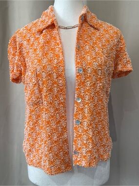 Orange and White Bouclé/Spandex Short-Sleeve Button Front Top